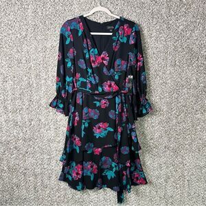 Tahari Dress Women’s 6 Floral Print Faux Wrap Tie Waist V-Neck NWT
